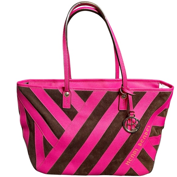Henri Bendel Suede & Saffiano Leather Two-Tone W57th EastWest Tote w/ Gold Charm - Picture 1 of 13